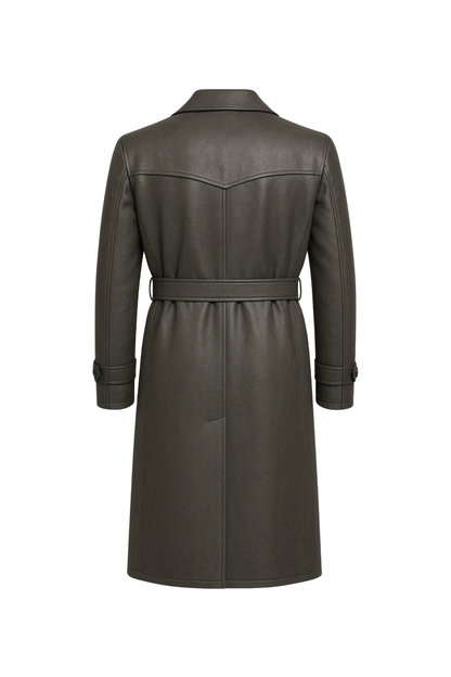 Men Luxe Double Breasted Leather Trench Coat  Charcoal Grey