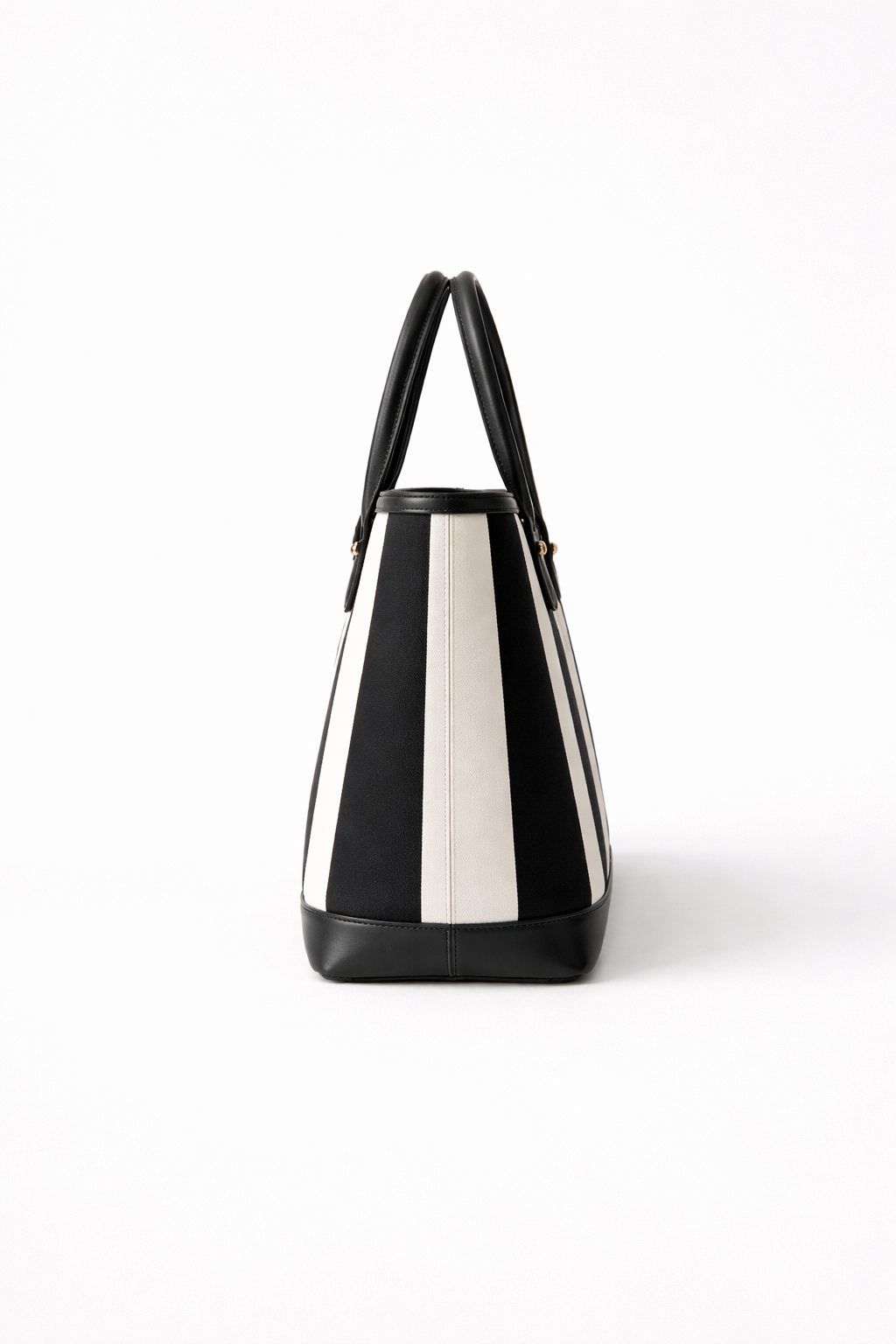 Black and white striped handbag on a white background