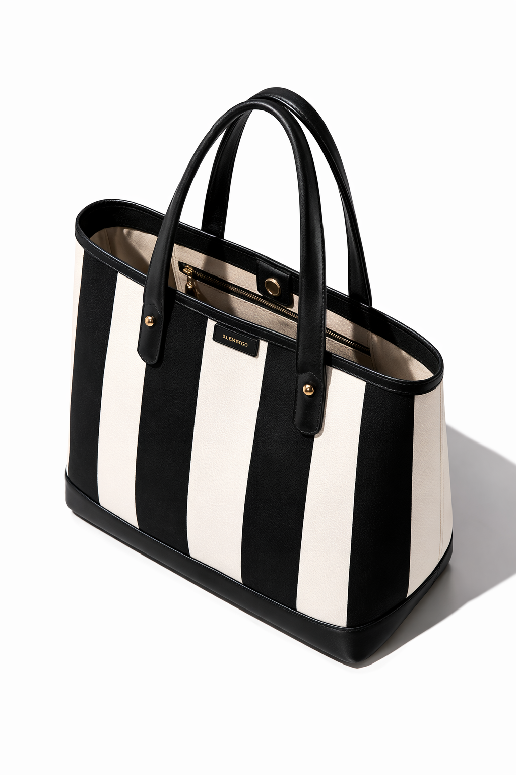 Black and white striped handbag on a white background