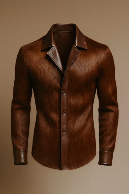 Men’s Luxe Hair-Texture Brown Leather Shirt – Smooth Collar & Cuffs