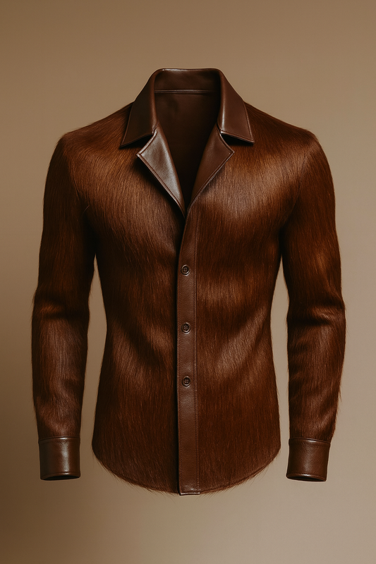 Men’s Luxe Hair-Texture Brown Leather Shirt – Smooth Collar & Cuffs
