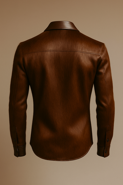 Men’s Luxe Hair-Texture Brown Leather Shirt – Smooth Collar & Cuffs