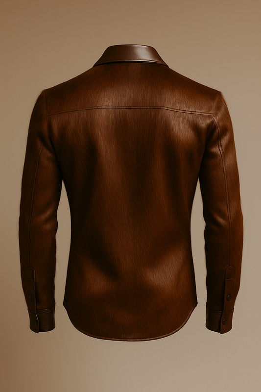 Men’s Luxe Hair-Texture Brown Leather Shirt – Smooth Collar & Cuffs