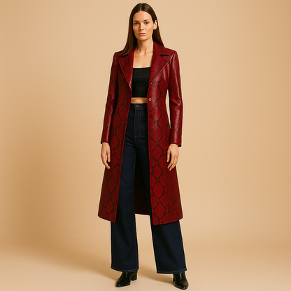 Red Snakeskin Leather Trench Coat – Women’s Long Statement Outerwear