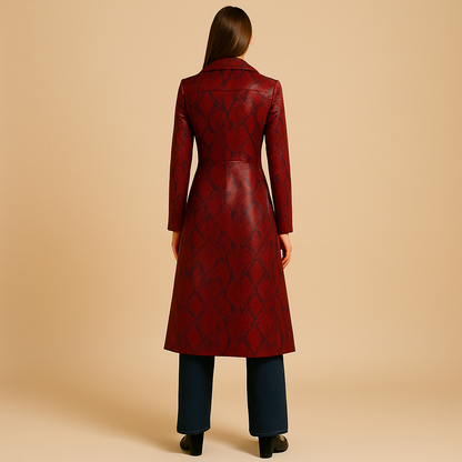 Red Snakeskin Leather Trench Coat – Women’s Long Statement Outerwear