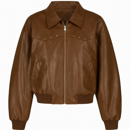 Western-Stitched Brown Leather Bomber Jacket