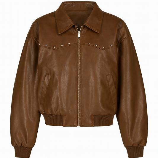 Western-Stitched Brown Leather Bomber Jacket