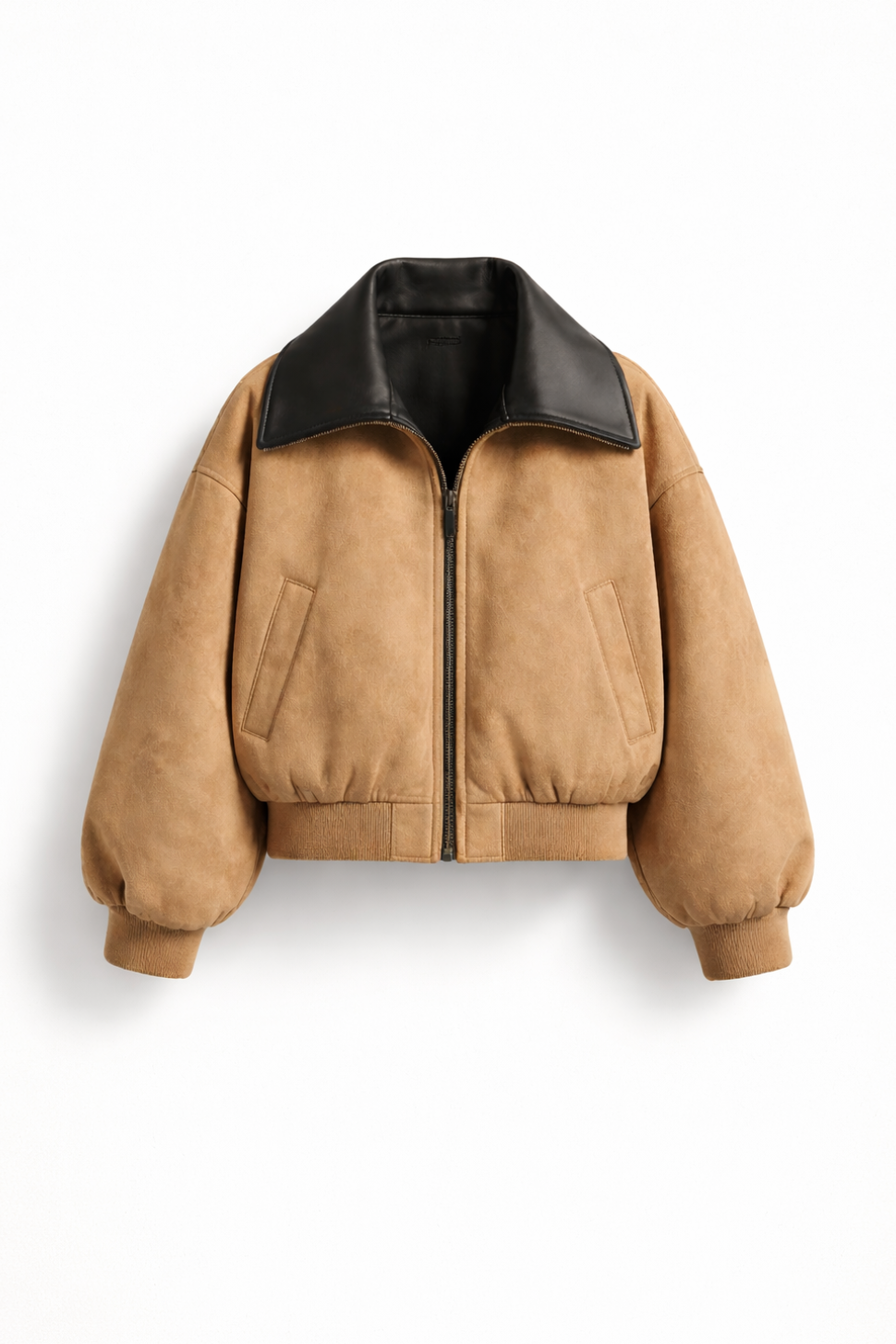 Oversized Latte Suede Bomber Jacket with Black Leather Collar