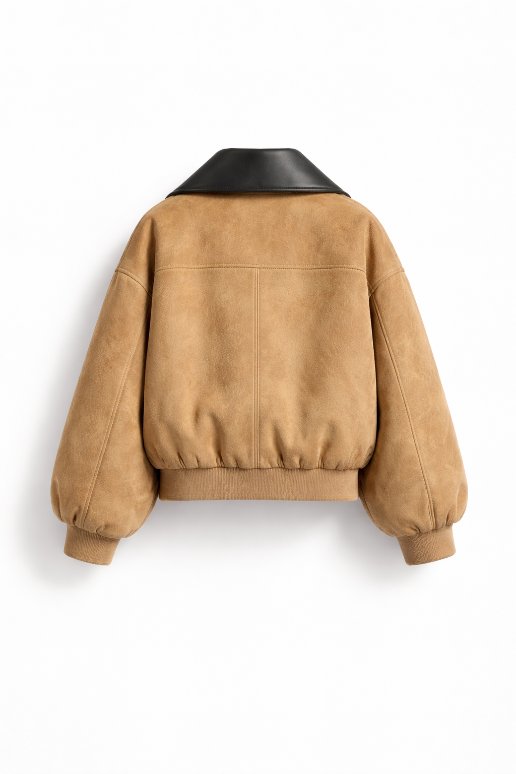 Oversized Latte Suede Bomber Jacket with Black Leather Collar