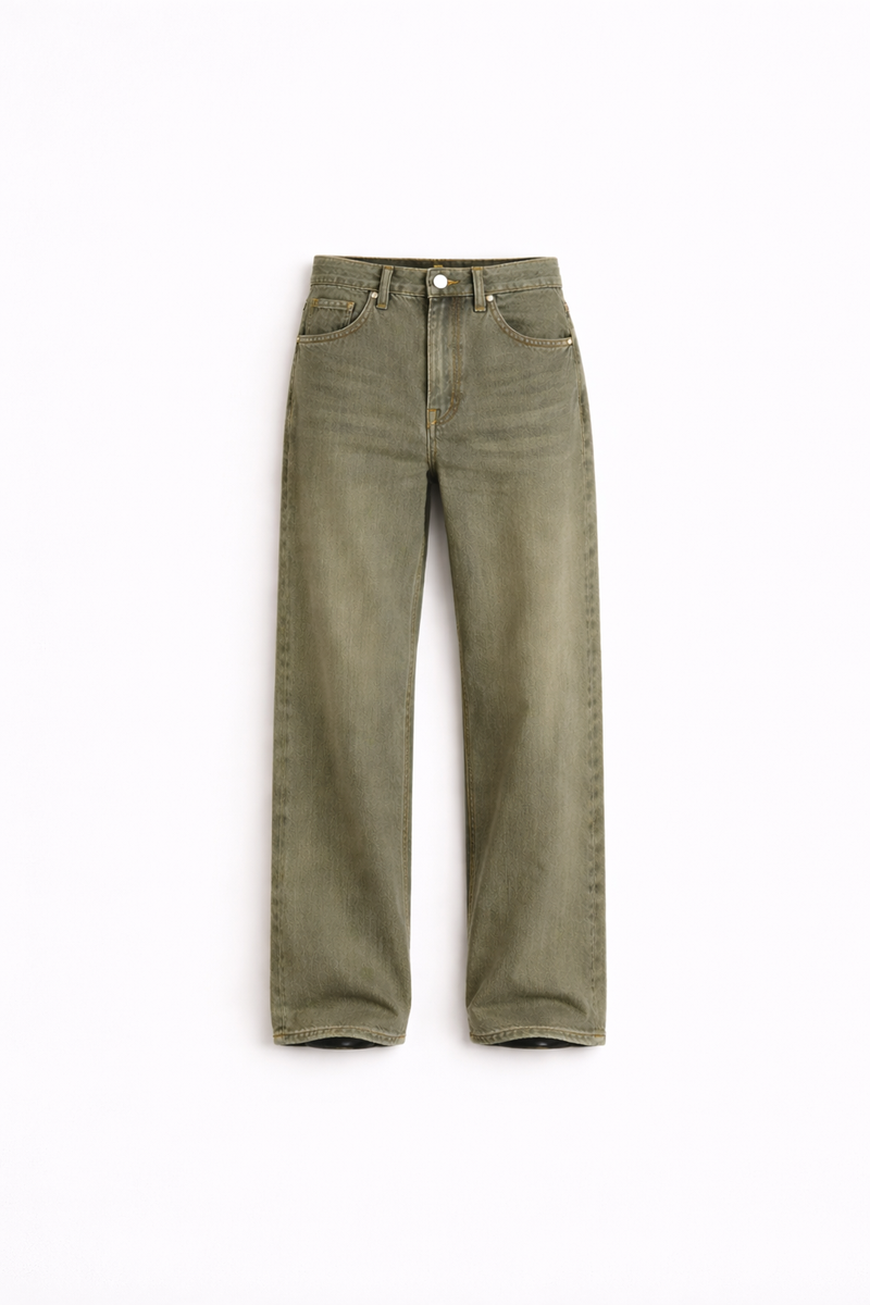 Women Olive Relaxed Wide Leg Denim
