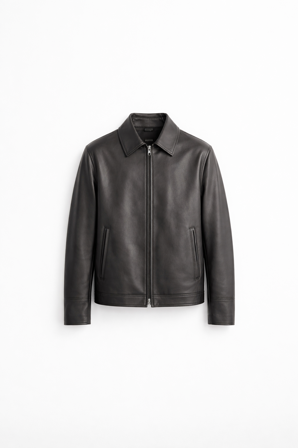 Charcoal grey lambskin leather jacket front view minimal studio white
