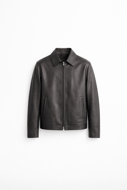 Charcoal grey lambskin leather jacket front view minimal studio white
