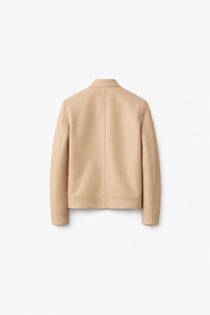 Back view sand latte beige luxury leather jacket clean minimal tailoring men
