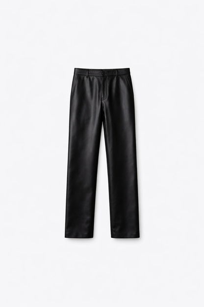 Legacy of Leather black straight fit men lambskin leather pants front view on white background
