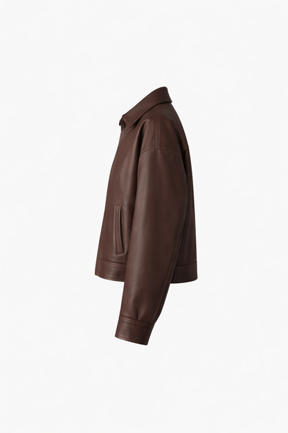 Brown leather jacket on a white background