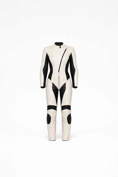 Women’s Bone White × Noir Black Leather Riding Suit
