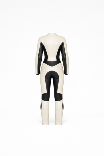 Women’s Bone White × Noir Black Leather Riding Suit