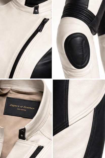 Women’s Bone White × Noir Black Leather Riding Suit