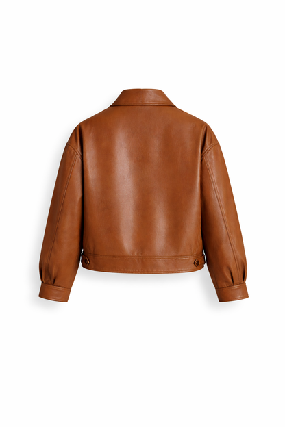 Men Oversized Cropped Fit Cinnamon Brown Leather Biker Jacket