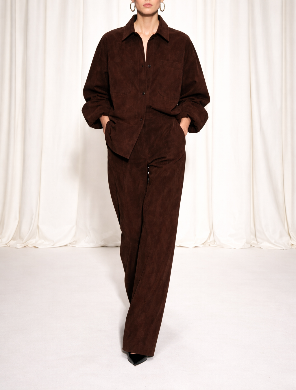 Women Oversized Suede Coord Set Deep Espresso Brown