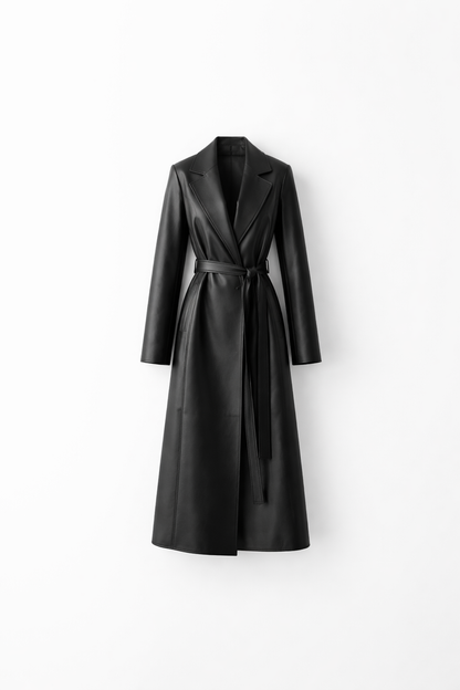 Women Black Lambskin Leather Trench Coat