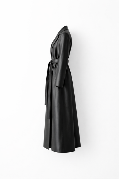 Women Black Lambskin Leather Trench Coat