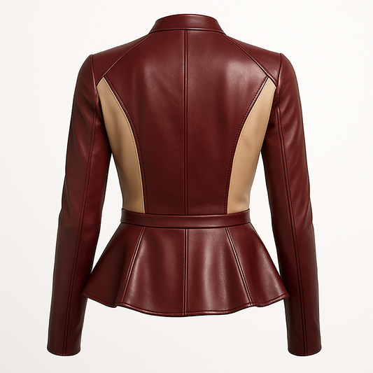 Designer Peplum Leather Jacket – Burgundy & Nude Colorblock | Women's Luxury Fit