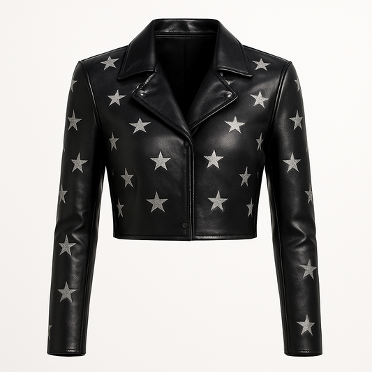 Designer Cropped Black Leather Jacket with Silver Star Embellishments – Women’s Statement Outerwear