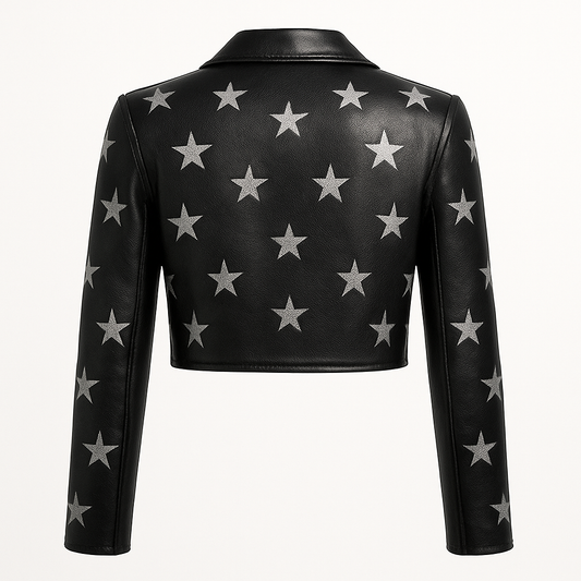 Designer Cropped Black Leather Jacket with Silver Star Embellishments – Women’s Statement Outerwear