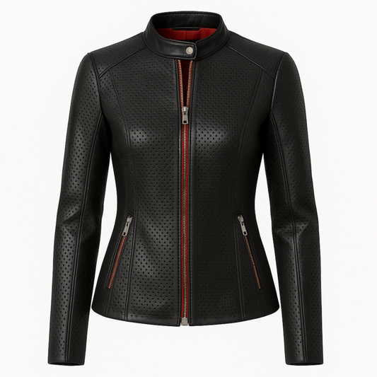 Black Perforated Leather Jacket – Women’s Slim Fit Moto Style with Red Accent Lining