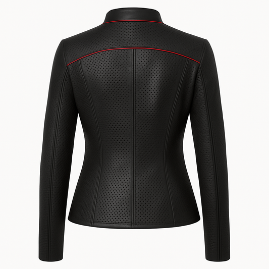 Black Perforated Leather Jacket – Women’s Slim Fit Moto Style with Red Accent Lining