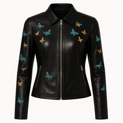 Black Leather Jacket with Colorful Butterfly Embroidery – Women’s Fitted Luxe Outerwear