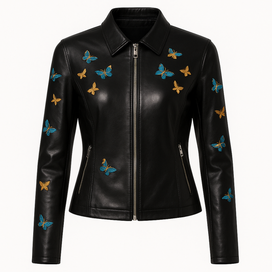 Black Leather Jacket with Colorful Butterfly Embroidery – Women’s Fitted Luxe Outerwear