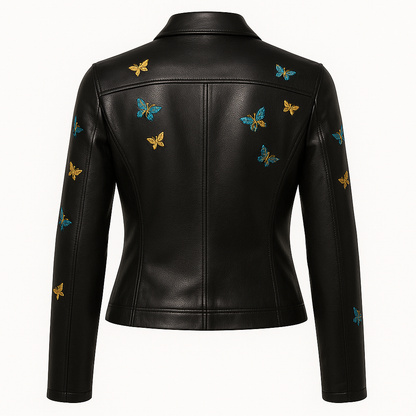 Black Leather Jacket with Colorful Butterfly Embroidery – Women’s Fitted Luxe Outerwear