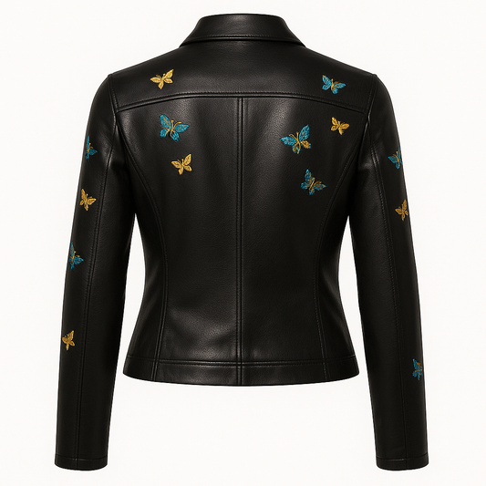 Black Leather Jacket with Colorful Butterfly Embroidery – Women’s Fitted Luxe Outerwear