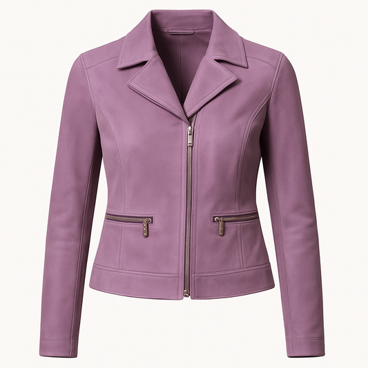 Designer Lavender Leather Jacket – Women’s Fitted Moto Style with Zipper Accents