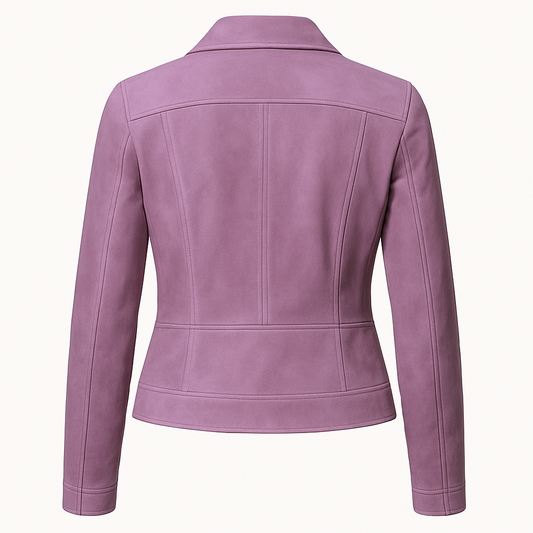 Designer Lavender Leather Jacket – Women’s Fitted Moto Style with Zipper Accents