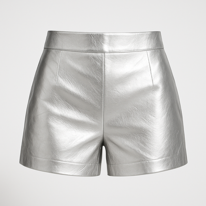 Metallic Silver High-Waist Leather Shorts – Sleek Urban Edge