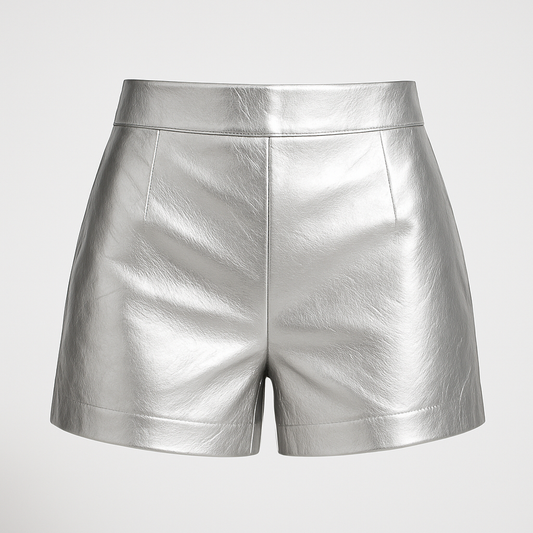 Metallic Silver High-Waist Leather Shorts – Sleek Urban Edge
