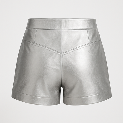 Metallic Silver High-Waist Leather Shorts – Sleek Urban Edge