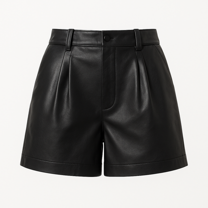 Tailored High-Waist Black Leather Shorts – Sleek & Minimalist Design with Back Pockets