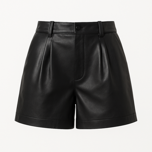 Tailored High-Waist Black Leather Shorts – Sleek & Minimalist Design with Back Pockets