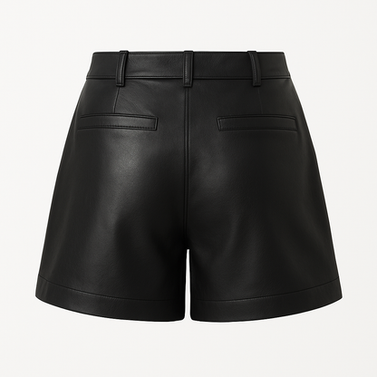Tailored High-Waist Black Leather Shorts – Sleek & Minimalist Design with Back Pockets