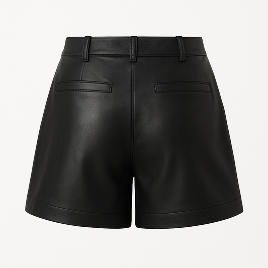 Tailored High-Waist Black Leather Shorts – Sleek & Minimalist Design with Back Pockets