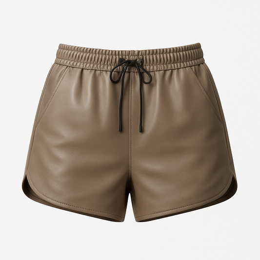 Taupe Leather Drawstring Shorts – High-Waisted Athletic Fit