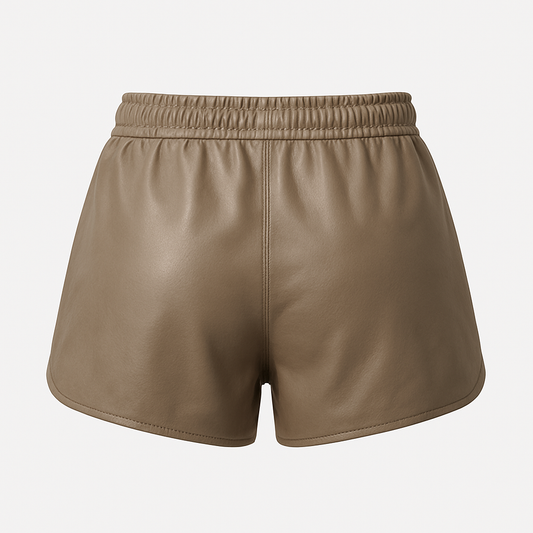 Taupe Leather Drawstring Shorts – High-Waisted Athletic Fit