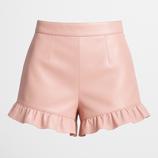 Blush Ruffle High-Waisted Vegan Leather Shorts