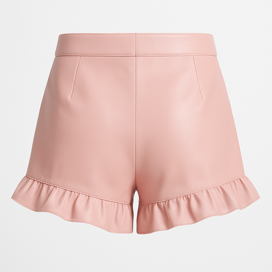 Blush Ruffle High-Waisted Vegan Leather Shorts