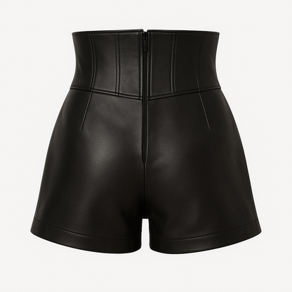 Lace-Up Corset High-Waisted Leather Shorts – Jet Black