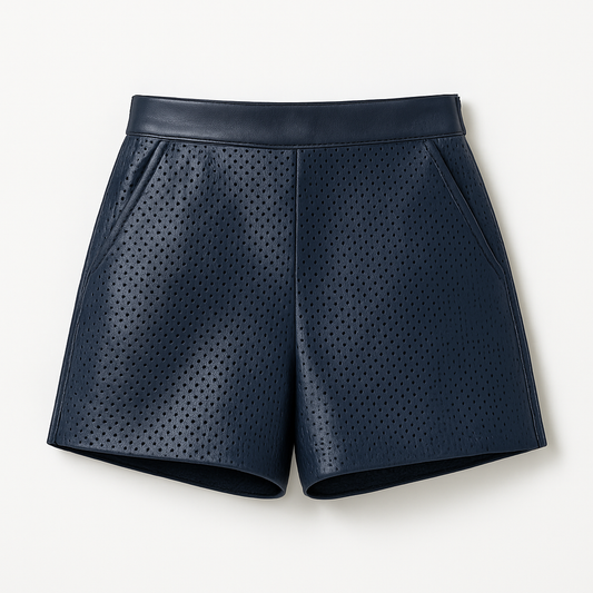 Navy Perforated Leather Shorts for Women – Breathable Designer High-Waisted Summer Shorts